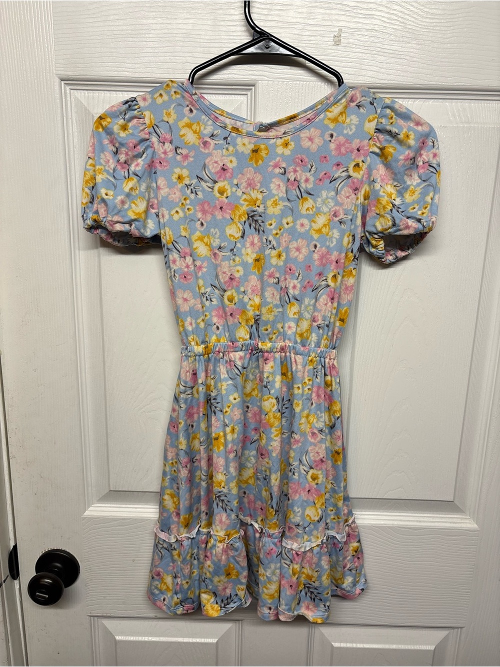 Girls' Light Blue Floral Puff-Sleeve Dress